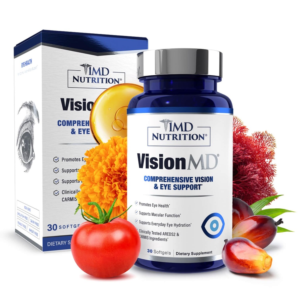 1MD Ernæring VisionMD Eye Vitamin CARMIS - Øyetilskudd for voksne - med OptiLut Lutein & Zeaxanthin - Støtter Visjon Helsepleie, Hver dag Øyestreng, & anledninger Tørr Øye - 30 Softgels