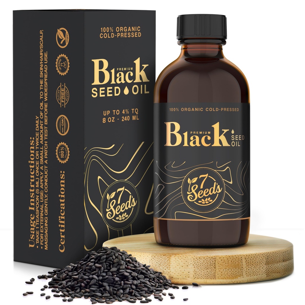 7 Frø kalde presset svart frøolje - 240 ml kaldt presset Nigella Sativa væske for immunstøtte, inflammasjonsstøtte, digestion, hår og hud (8 Fl Oz)
