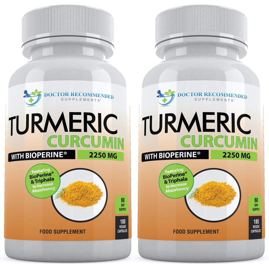 Turmeric Curcumin med Bioperine - 360 Veggie Kapsler - 2250mg 95% Curcuminoids med Black Pepper Supplement og Triphala (pakke med 2)