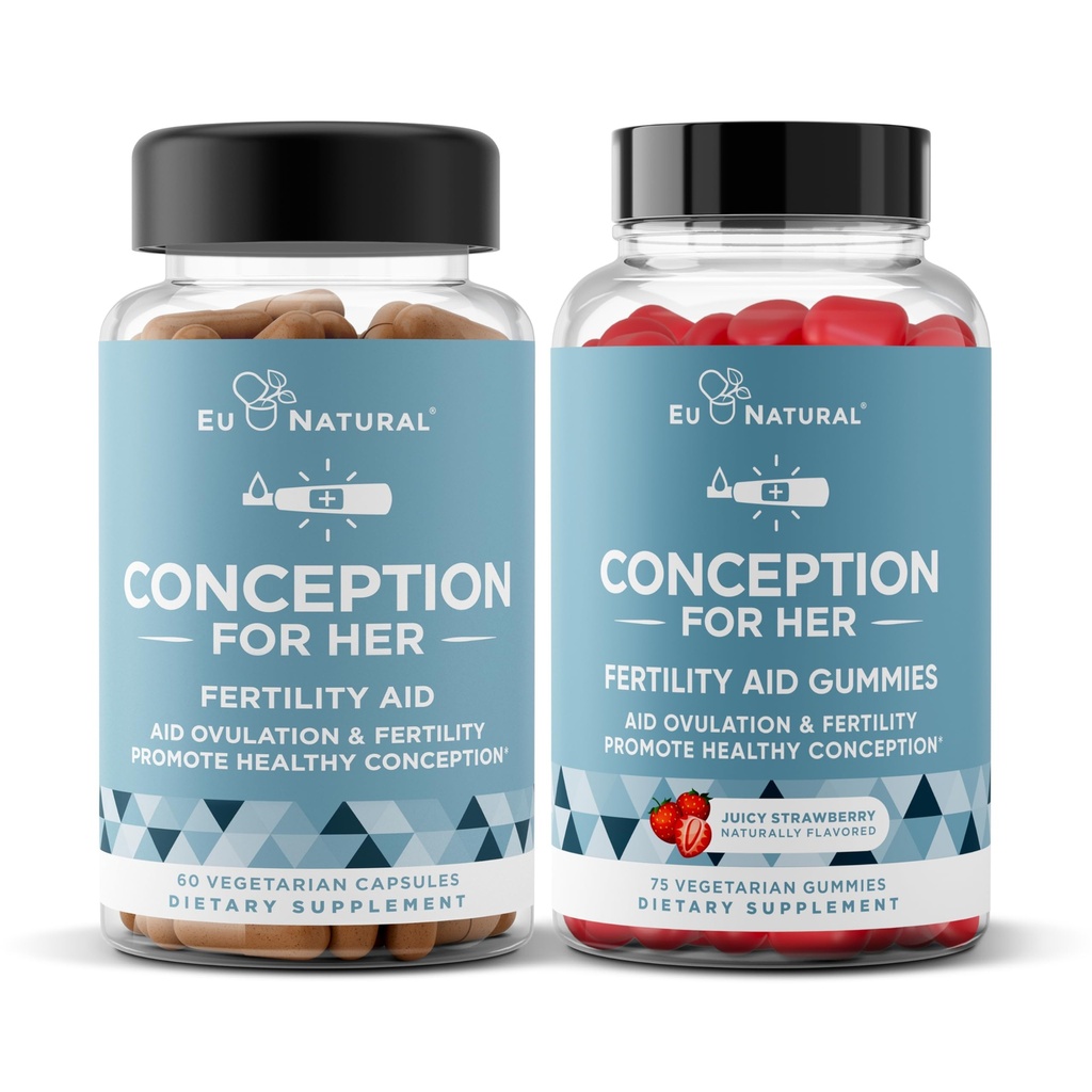 Eu Natural Conception for hennes kapsler og gummier Bundle - Aids ovulering, Hormonal Balance, & Regulære sykluser - 60 kapsler + 75 Strawberry Flavor Gummies