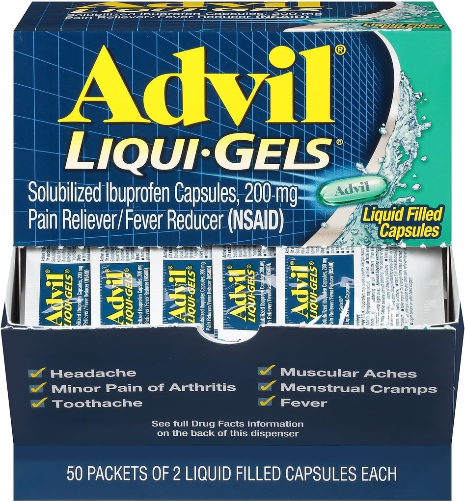 Advil Liqui-Gels Pain Reliever/Fever Reduser, Solubilisert Ibuprofen 200 mg, 2/Packet, 50 Pakninger/Box (016902)
