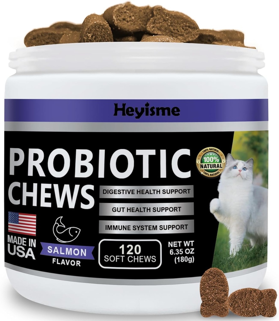 Cat Probiotic, Chews for Gut and Immune Health, Cats Probiotic Supplement for Cat Digestive Support, Sunn Digestion, Cat Diarrea Relief (120 piller, laks)
