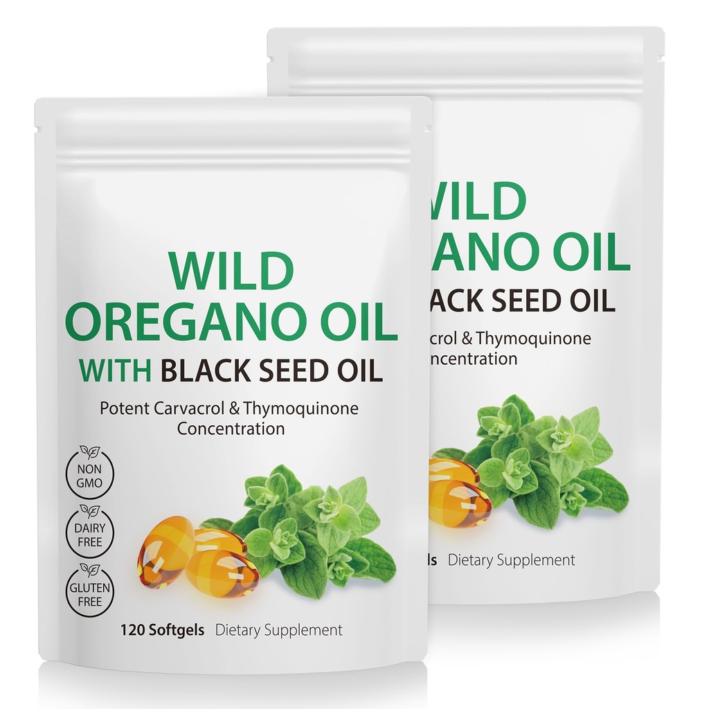 2 pakke olje av Oregano Softgels, Oregano olje kapsler, 165 mg Carvacrol, 2 i 1 Formulert olje av Oregano med svart frøolje 200 mg, Oregano oljetilskudd kapsler