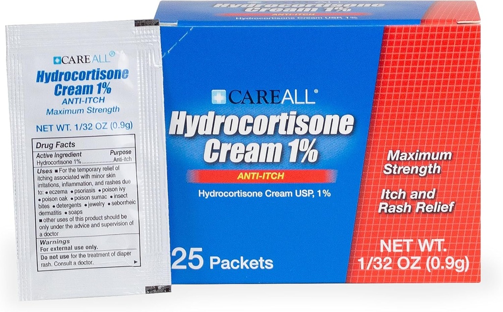 CareAll Hydrokortison Cream 1% (25 Pack), 0,9gr Foil Packet. Maks styrkeformulering, Anti-Itch Utslett hudkrem lindrer kløe, Eczema, Insekt Bites, Poison Ivy og Psoriasis