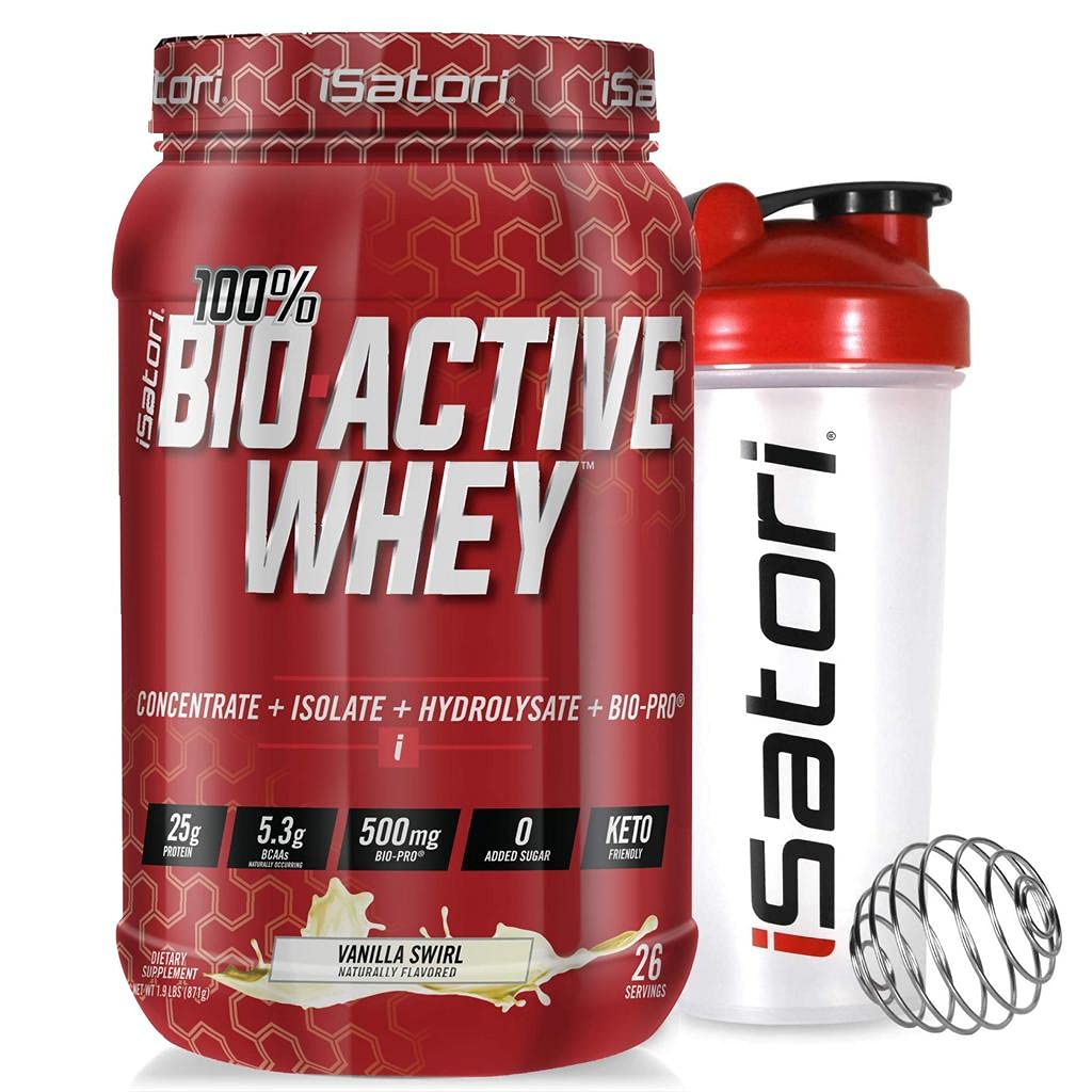 iSatori Bio-Active Whey Protein Powder - Vanilla Swirl (30 Serveringer) & iSatori Classic Blender Flaske (Hold flaske med rød topp)