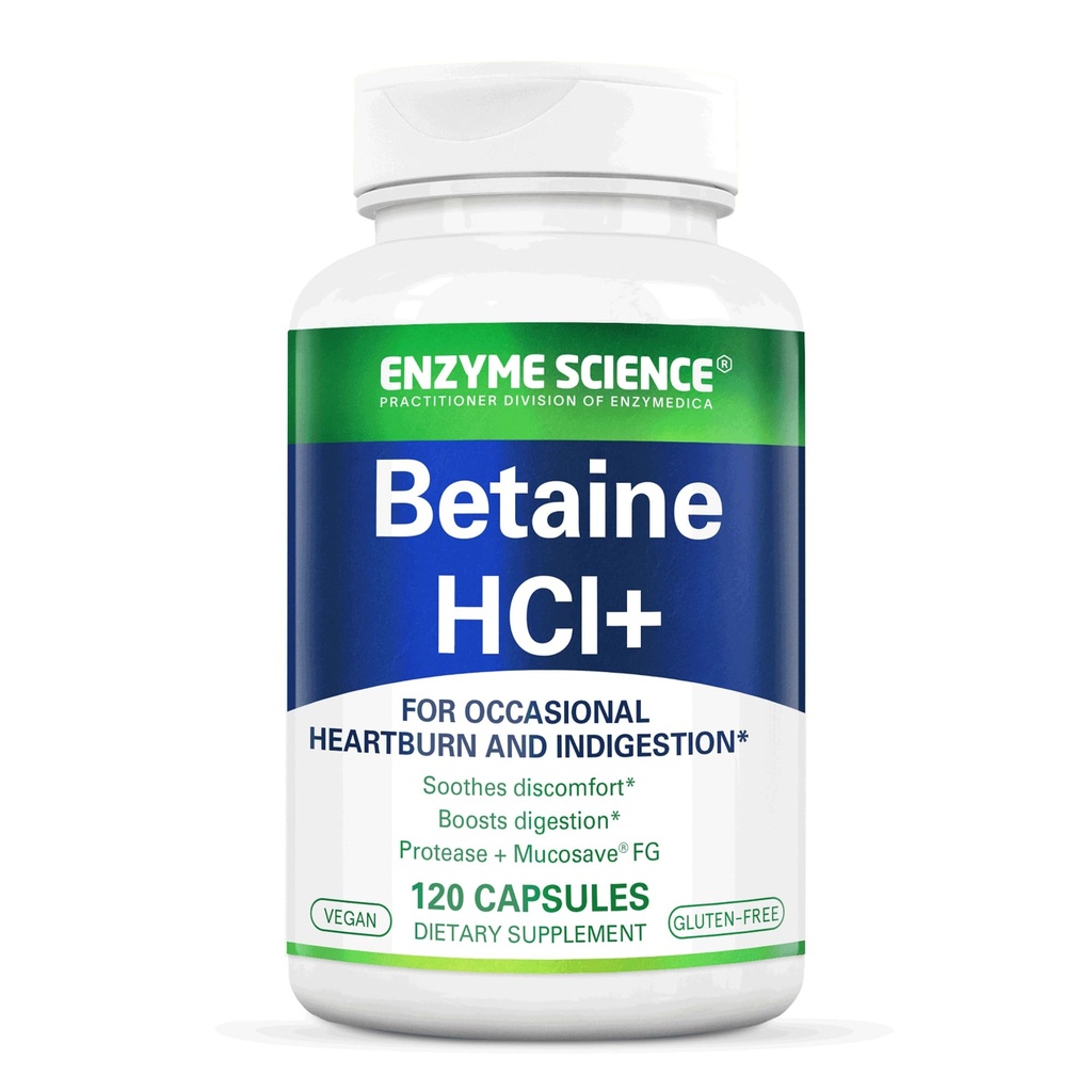 Enzyme Science Betaine HCl med Pepsin - Supplement for lav magesyre - Betain Hydrochloride Supplement - Digestive Enzymes - Enzimas Digestivas - 120 Kapsler