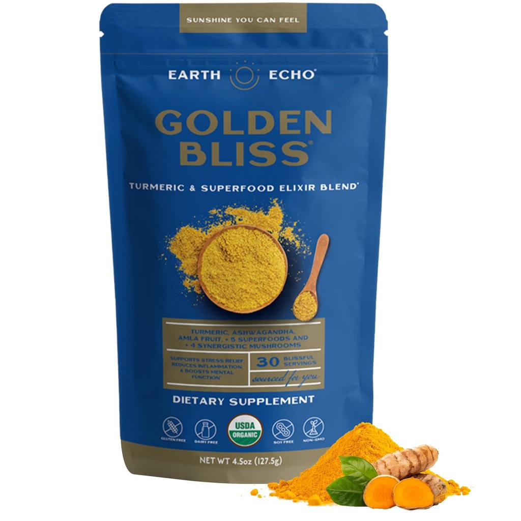 Earth Echo Golden Bliss, Organic Turmeric Superfood Elixir blande med Ashwagandha Root, MCT olje og 4 Mushroom Blend for hvilende søvn, immunstøtte og reduserer craving, Dairy-Free, 30 serveringer