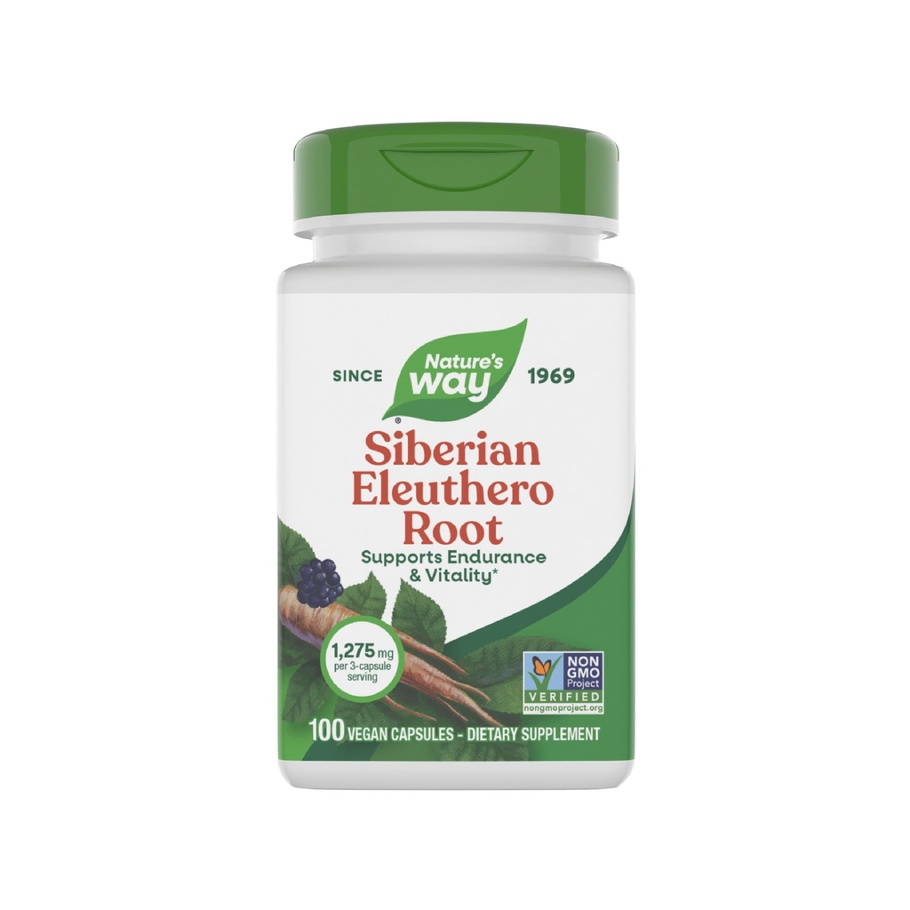 Naturens måte Premium Herbal Siberian Eleuthero Root Supplement, støtter utholdenhet og vitalitet*, Adaptogen*, 1,275mg per 3-kapsule servering, ikke-GMO-prosjekt verifisert, 100 kapsler (pakke mai Vary)