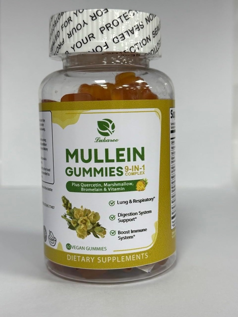 Lukaree 9 i 1 Mullein Gummies, Mullein Leaf Ekstrakt w/Quercetin, Bromelain, Elderberry & Marshmallow for Immune, Vegan,60 greve