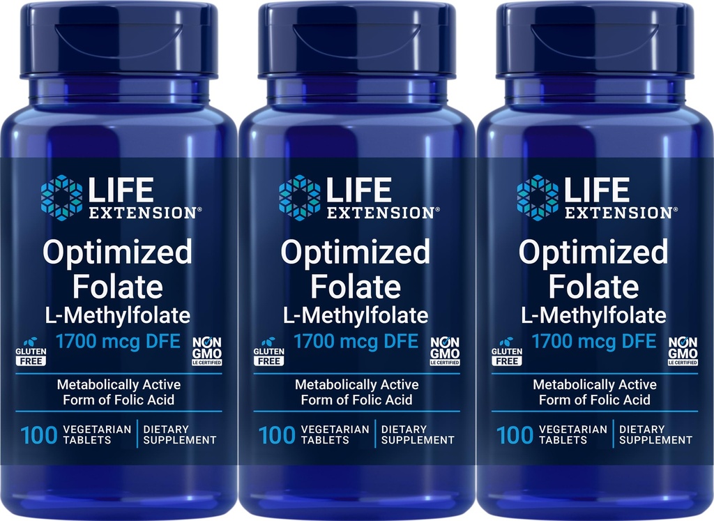 Livsforlengelse Optimert Folat 1700 mg DFE, 100 vegetariske tabletter (pakke med 3)