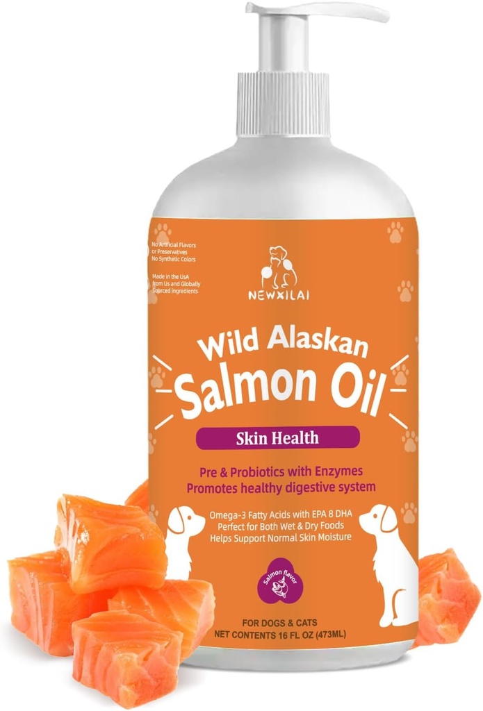 Wild Alaskan Salmon Olje for hunder og katter, Omega-3 Fish Oil Supplement med EPA & DHA, Støtte Hud Helse, Shiny Coat, Sterk felles og Allergi Relief - Pump Flaske 16oz