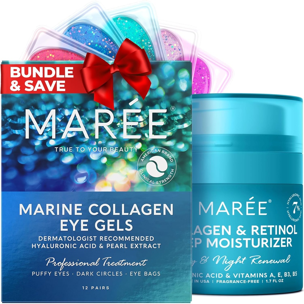MAREE Eye Gels & Collage Moisturizer Ansiktskrem Bundle - Under Øyegels for Puffy Øye og Mørke Sirkler, Anti Aging Face Cream med Hydrating Effekt - Marine Collage & Hyaluronsyre, Retinol