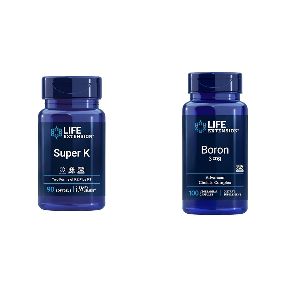 Livsforlengelse Super K-vitamin K1, K2 MK-7, MK-4, Vitamin C, Bein / Heart Helse, 3-måneders forsyning og bor 3 Mg 100 vegetariske kapsler