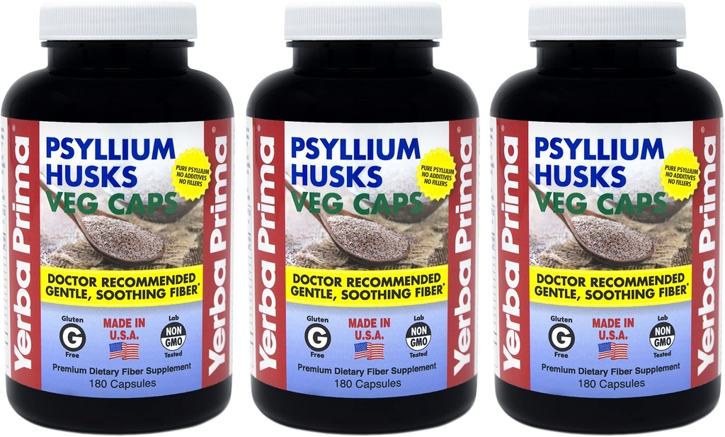 Yerba Prima Psyllium Huss Veg Caps - 180 greve (Pack of 3) - Vegansk, ikke-GMO, Glutenfri, Colon Cleanser, Daily Fiber Supplement for Gut helse og regelmessighet