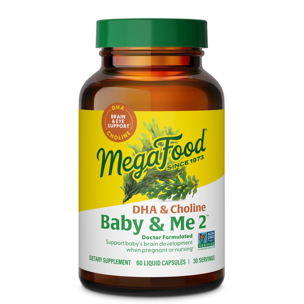 MegaFood Baby & Me 2 Prenatal vitaminer for kvinner, DHA & Choline kosttilskudd, flytende DHA og Choline for babyens hjerne og øye utvikling under graviditet, vegansk, 60 kapsler (30 serveringer)