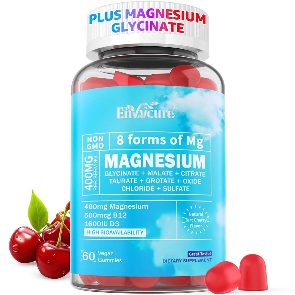 Magnesium Gummies 400 mg som 8 former for magnesiumglycinat, malat, Citrat, Taurate, Oxid, og mer | med Ashwagandha ekstrakt, D3 & B12 støtter for ro, Zzz, Mood, Muscle Cramp - Vegan 60 Cts