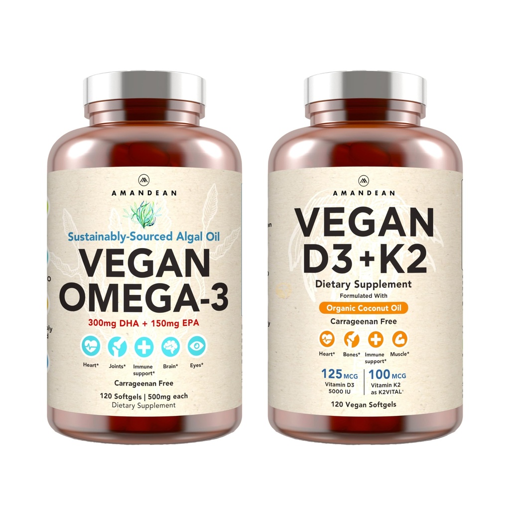 Vegan Powerhouse Combo. Omega-3 fra Algal Olje & vitamin D3 + K2. Plantebasert 5000 iu VIT D fra Algae. 100 mcg All-Trans MK-7 Vita K. Carrageenan Gratis Veggie Softgels.