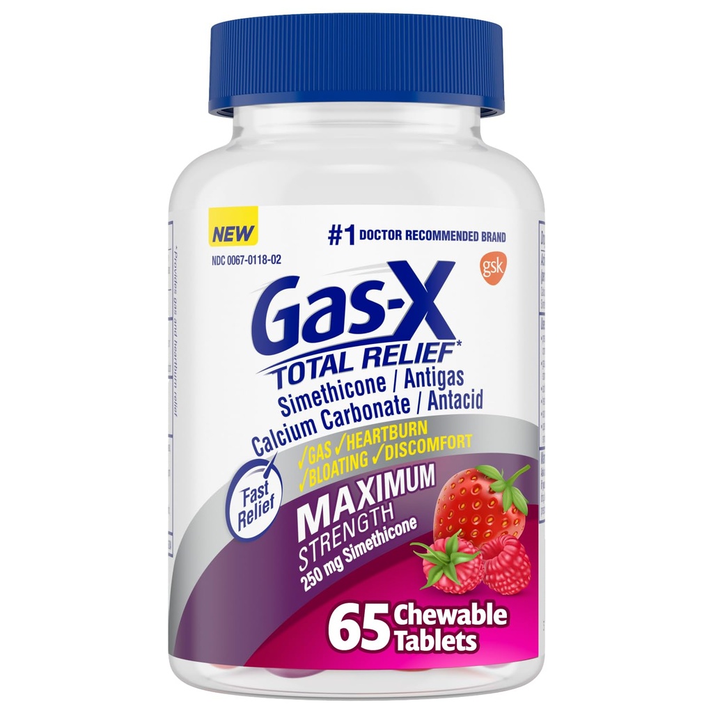 Gass-X Total relief Chewable tabletter med maksimal styrke Gass Relief Simetikon 250 mg og Heartburn Relief Kalsiumkarbonat 750 mg, Bloating Relief, Blandet Berries - 65 Tel