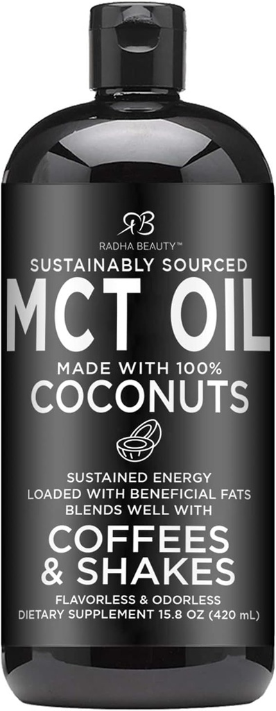 Radha Beauty Premium MCT olje laget bare av ikke-GMO kokosnøtter - 15.8oz. Keto, Paleo, Glutenfri og vegansk godkjent.