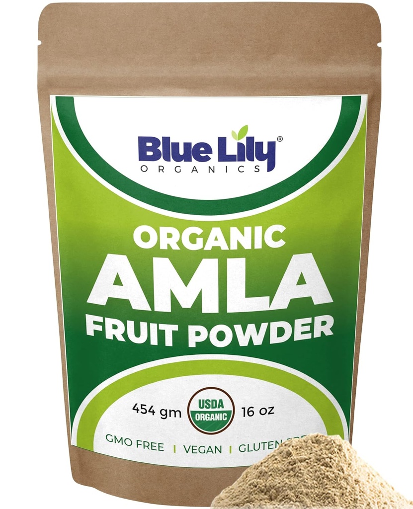 Blå Lily USDA Organic Amla pulver (Amalaki / Indisk Gooseberry) 16oz (1lb) Forseglbar Kraftveske, 100% ren Amla Berry pulver, rik på antioksidant vitamin C, støtter Sunn Immune System