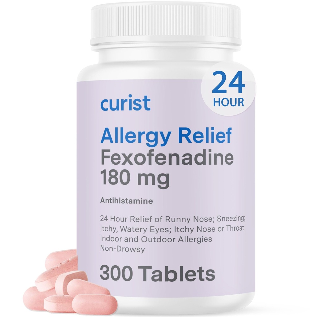 Curist Fexofenadin Hydrochloride 180mg (300 tabletter) - 24 HR Antihistaminer Allergi Relief Tabletter (300 antall) Hele dagen styrke Generisk Fexofenadin bulk Ikke Drowsy Allergy Relief