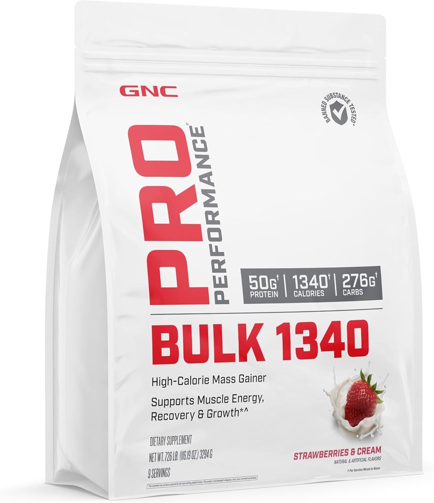 GNC Pro ytelse bulk 1340 Mass Gainer Protein pulver, 50g, Glutenfri, Whey, Kreatin, BCAA, 3. part testet, muskel gjenoppretting og vekst, mikronæringsstoffer, jordbær og krem, 9 serveringer