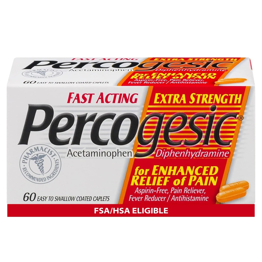 Percogesic Extra Styrke Acetaminophen & Diphenhydramin Smerte Reduksjon, Rask-Aspirin-fri Feber Reduser & Antihistamine, 60 greve