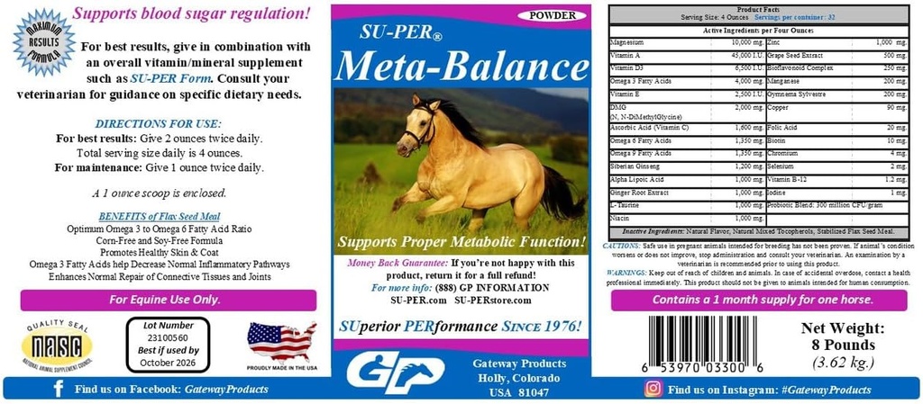 SU-PER Meta-Balance Horse Metabolic Support - Blood Sugar Regulation & Digestive Helse Supplement - Hestevitaminer og Mineraler, Herbal Extracts, Probiotika - 8 pund, 1 måned Supply
