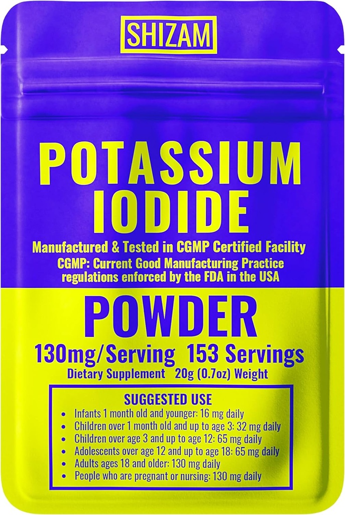 SHIZAM Kalium jodid 130 mg 65 mg pulver overlevelse Kit Kit, KI jodinkapsel kapsler flytende tinktur piller tablett tabletter Tabletter Alt kosttilskudd, preping forsyninger 130mg 65mg