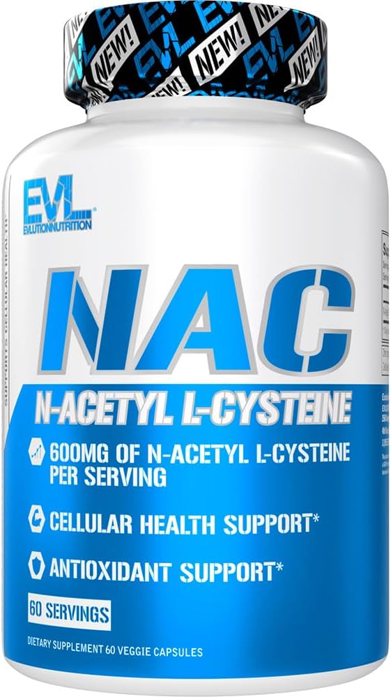 Evlution Nutrition NAC N-Acetyl L-Cysteine - 600mg N-Acetyl L-Cysteine Per Serving - Antioksidant Support - Helsestøtte - Kosttilskudd - Vegan & Glutenfri - 60 Veggie Capsules - 60 Services