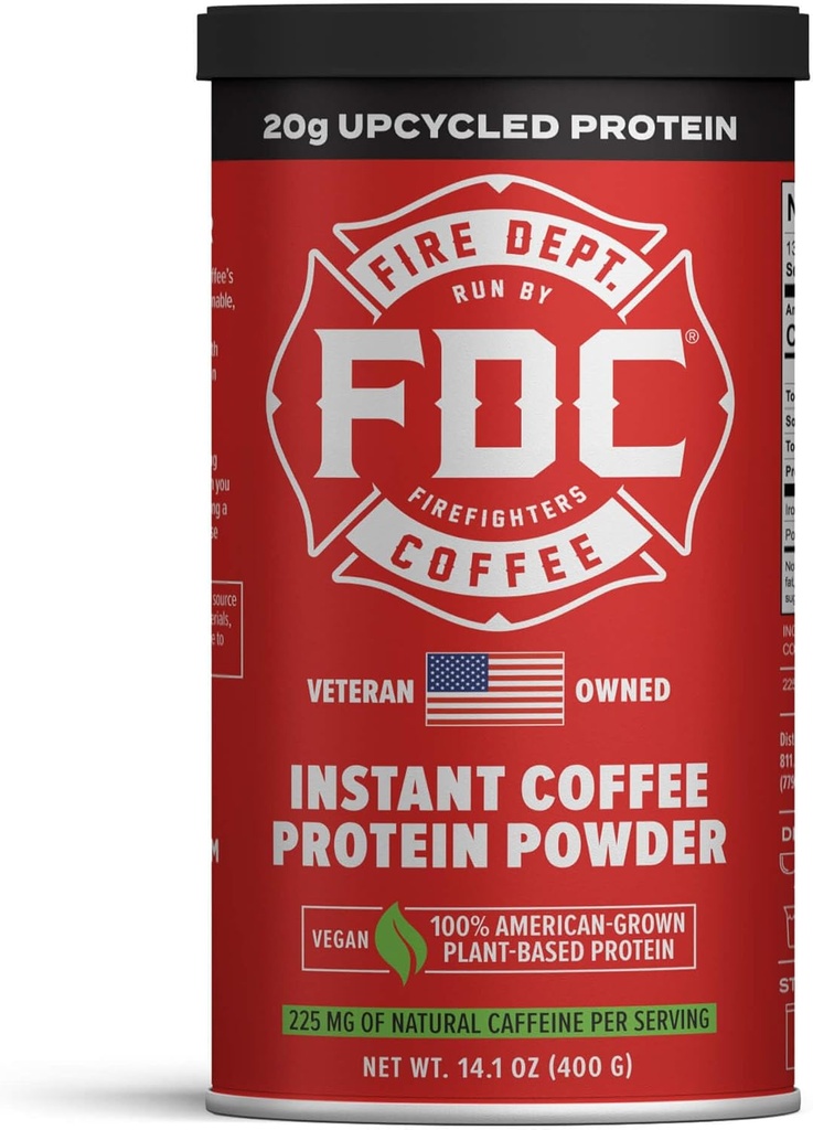 Fire Department kaffe - gir tilbake til brannmenn - Instant Coffee Protein Powder - Plant Basert Protein Powder - 100% American-Grown, laget med Upcycled Barley Protein - Veteran Eid - 14.1 oz Kan