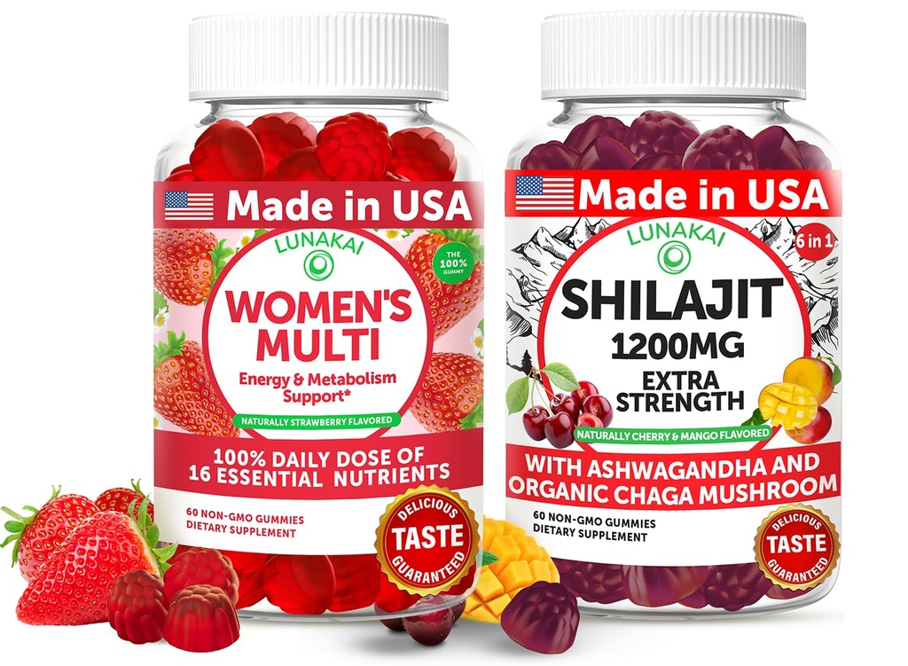 Lunakai USA Laget Kvinner Multivitamin & Shilajit Gummies Bundle - Energi, Immun & Vitality Support - Naturlig Flavored - 60 Ikke-GMO Gummies Hver