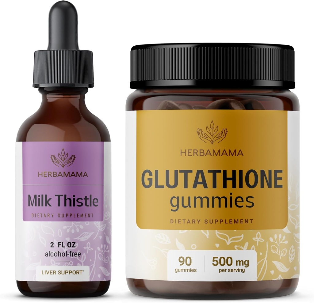 HERBAMAMA Melk Thistle og Glutathione Kit - Bundle of Milk Thistle Extract 2 fl oz & 500 mg Redusert L-Glutathione Gummies - Vegan, ikke-GMO, alkoholfri - 2 pakke