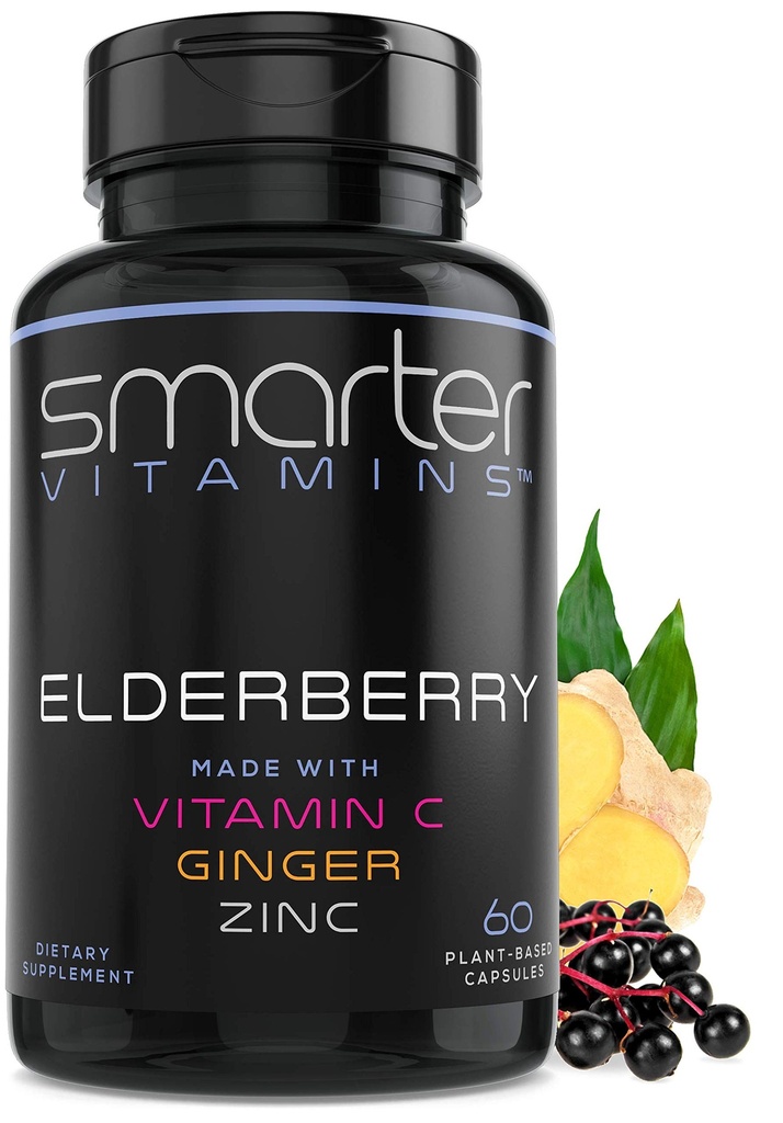 Smartere eldrebær kapsler + vitamin C + Ginger og sink, herbal kosttilskudd, kraftig svart eldre Berry ekstrakt antioksidant vitamin, 60 vegan piller