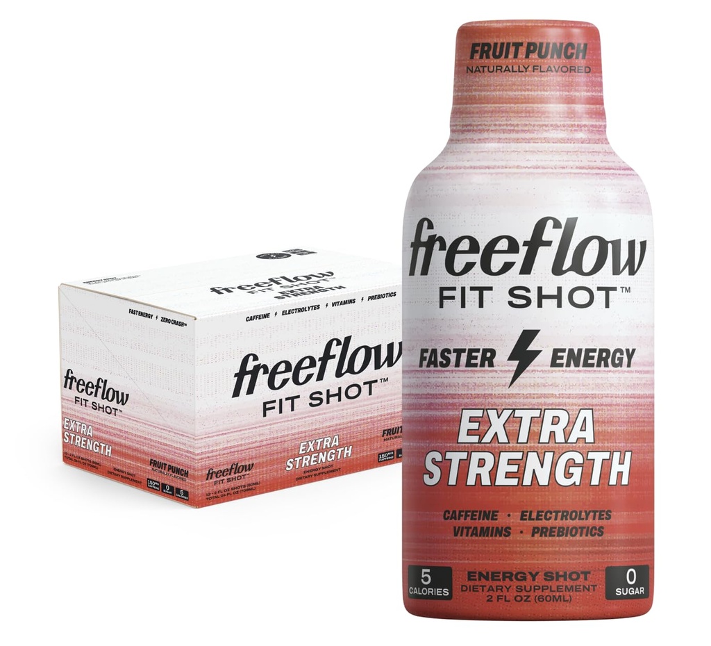 Freeflow Fit, Extra Styrke Energi Shot, Fruit Punch (2 Ounce Shot, Pack of 12) - 150 mg Koffein Per Shot, Zero Calorie, Zero Sugar Energy Shot...