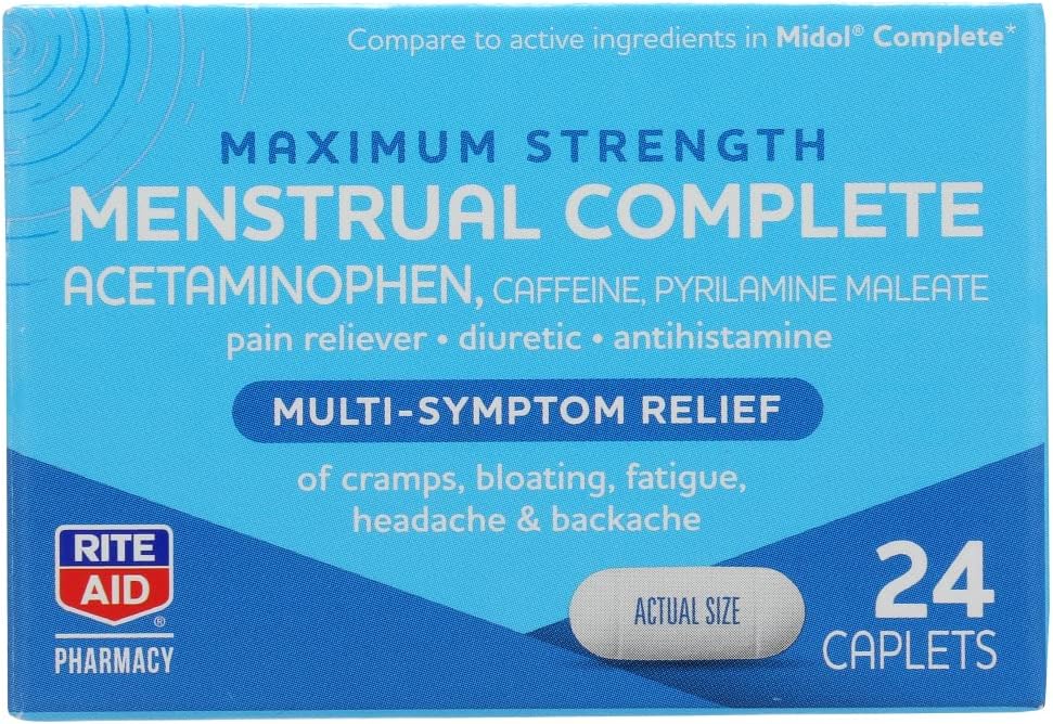 Ritthjelp, farmasøytisk Menstruell Multi Symptom Relief Caplets Maksimal styrke, 24 teller