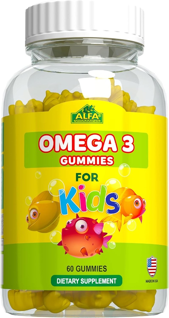 ALFA VITAMINS Omega 3 Kids Gummies, støtter hjernens utvikling, hjerte helse og visjon, lett å Chew, Omega 3 Supplement for barn, oransje flavored, ingen fiskende smak, 3 Gummies daglig, 60 Gummies