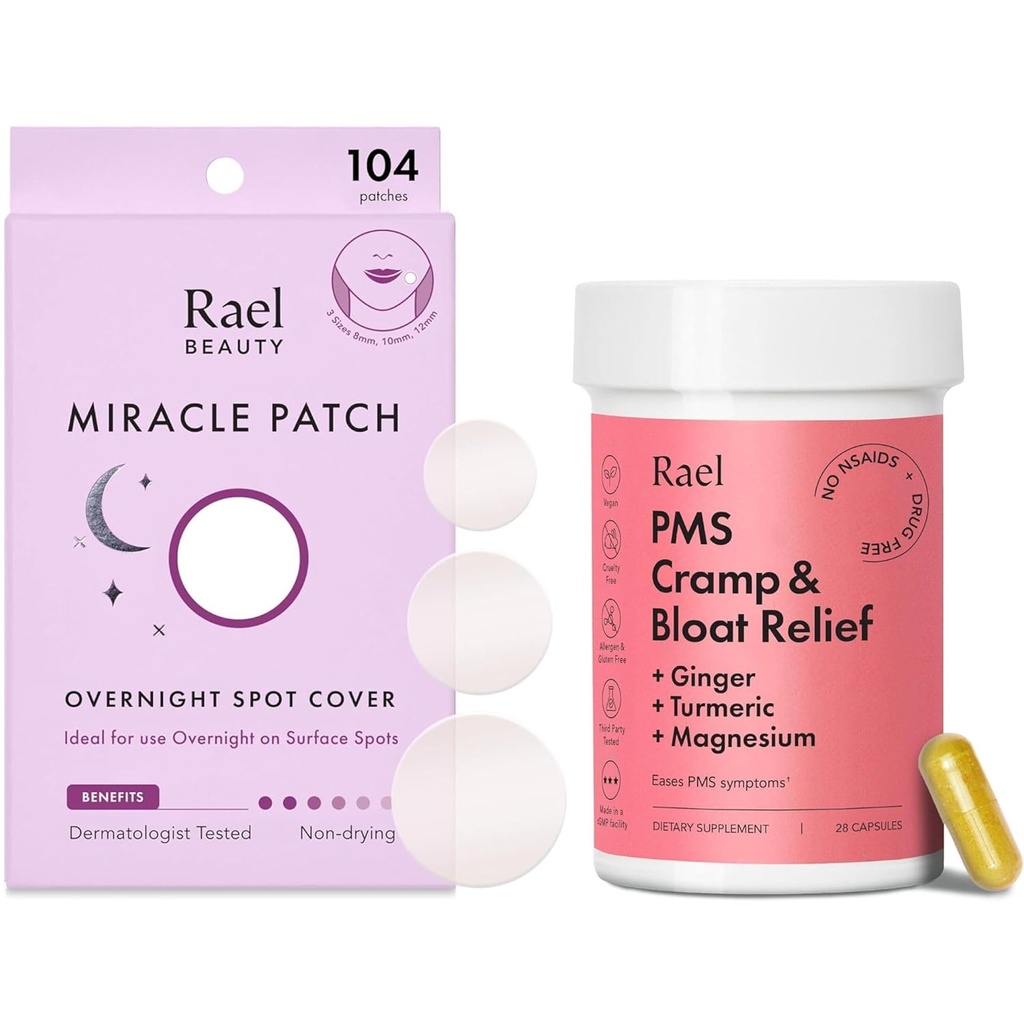 Rael Bundle - Overnatting Spot Deksel Pimple Patches (104 Count) & PMS Supplement for kvinner (28 kapsler)
