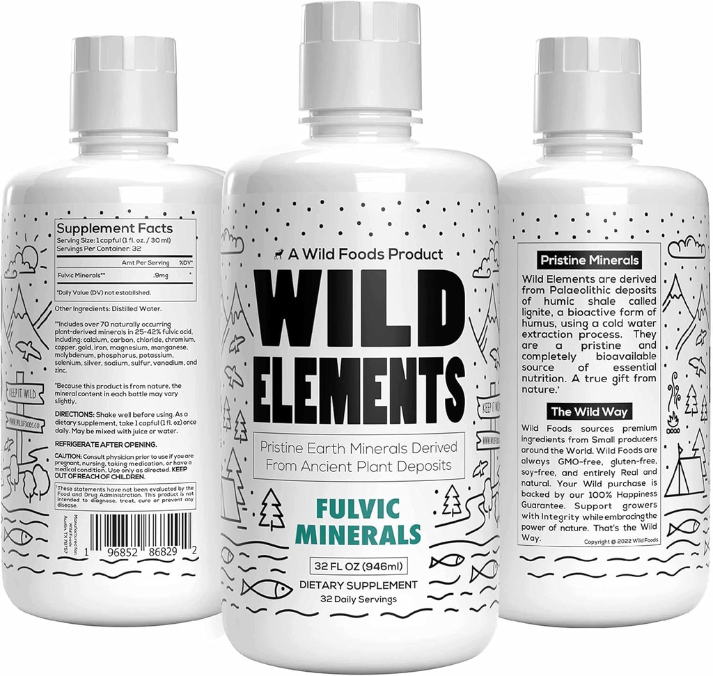 Wild Elements Gut støtter Fulvic Acid Mineral Blend derivert fra gamle plantedeponeringer, Heal Gut Lining, Forbedre kognisjon og immunitet, 70+ Mineraler, Alle naturlige, 32 oz