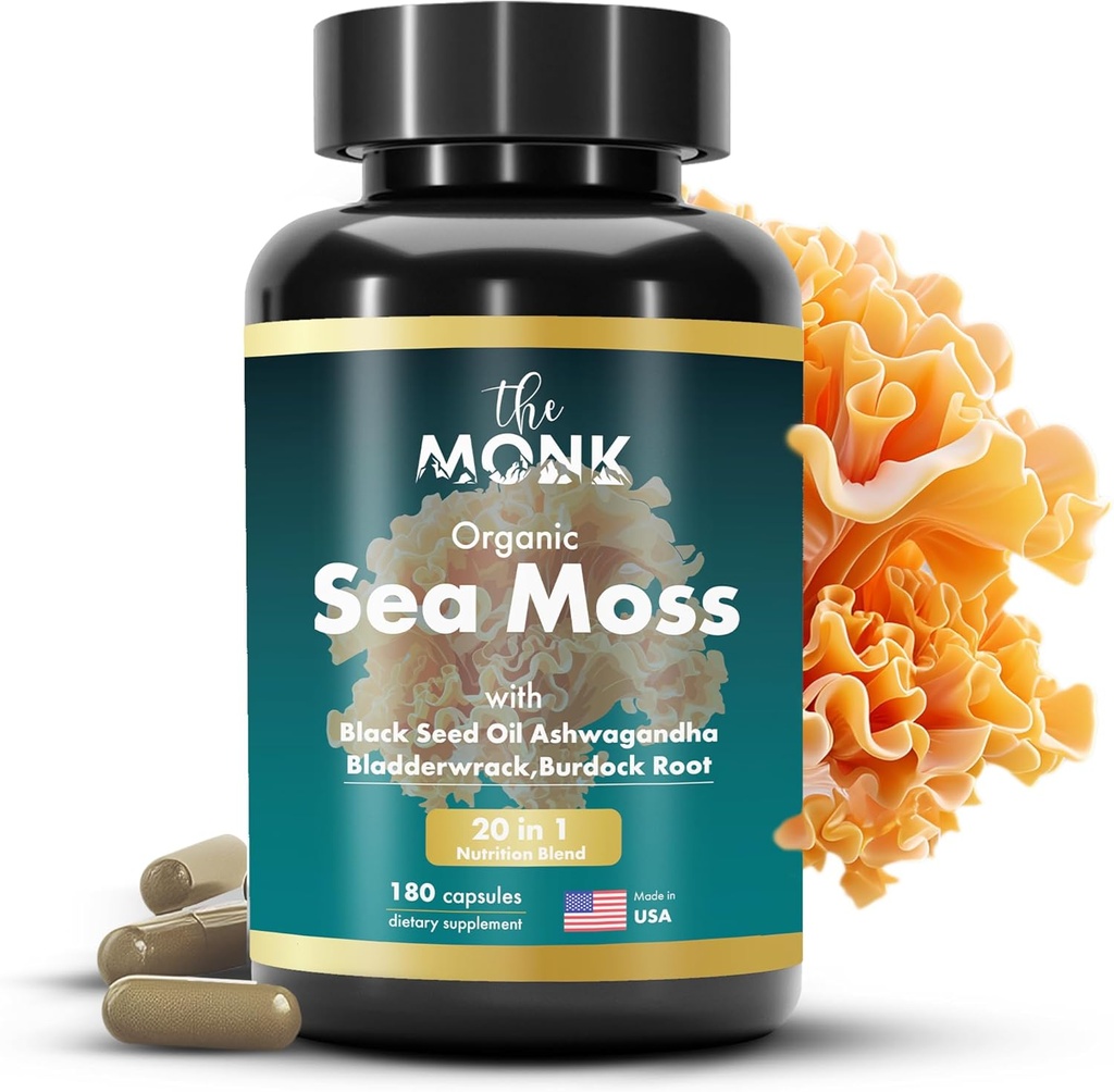 Organic Irish Sea Moss Capsules - Advance Formula, Raw Wildcraft Seamoss Supplement med Bladderwrack og Burdock Root - 180 piller - laget i USA