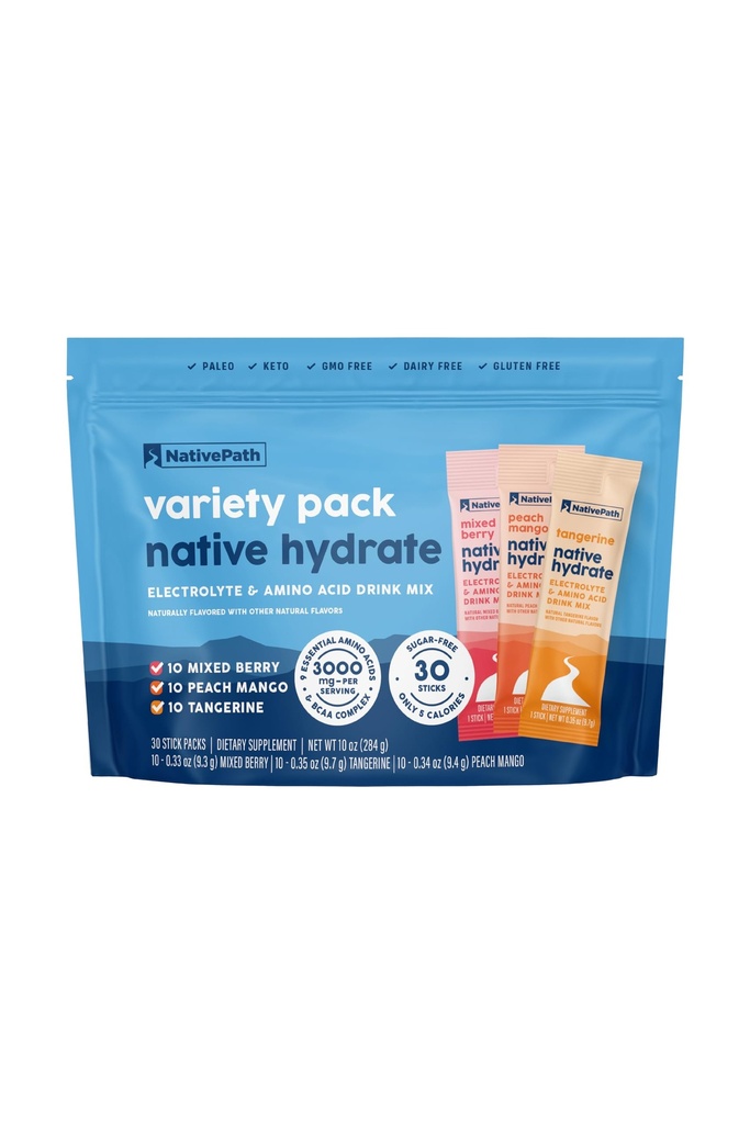 NativePath Native Hydrate Stick Packs med elektrolyter og aminosyrer, Variety Pack, Blandet Berry, Peach Mango, Tangerine, 30 Serveringer