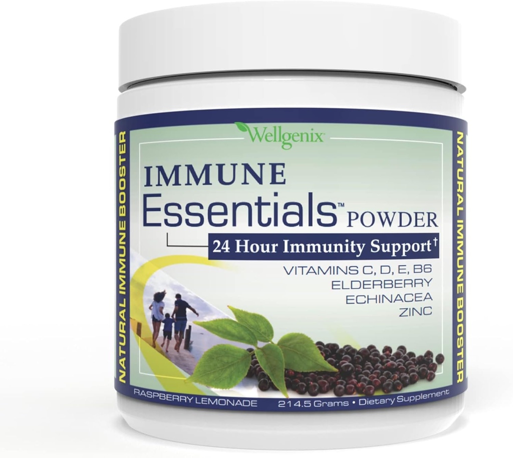Wellgenix Immune Essentials - Multivitamin pulver for menn, kvinner og barn - Vegansk Supplement med vitaminer C, D Elderberry Zinc, Echinacea for Todler, Kid & voksen - 7,57g (Raspberry Lemonade)