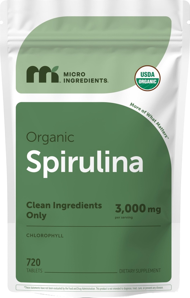 Mikroingredienser organisk spirulina Supplement, 720 tabletter (4 måneders forsyning), ingen fyllstoff og ikke-GMO, rik på vegansk protein, vitaminer og prebiotika, Premium spirulina piller