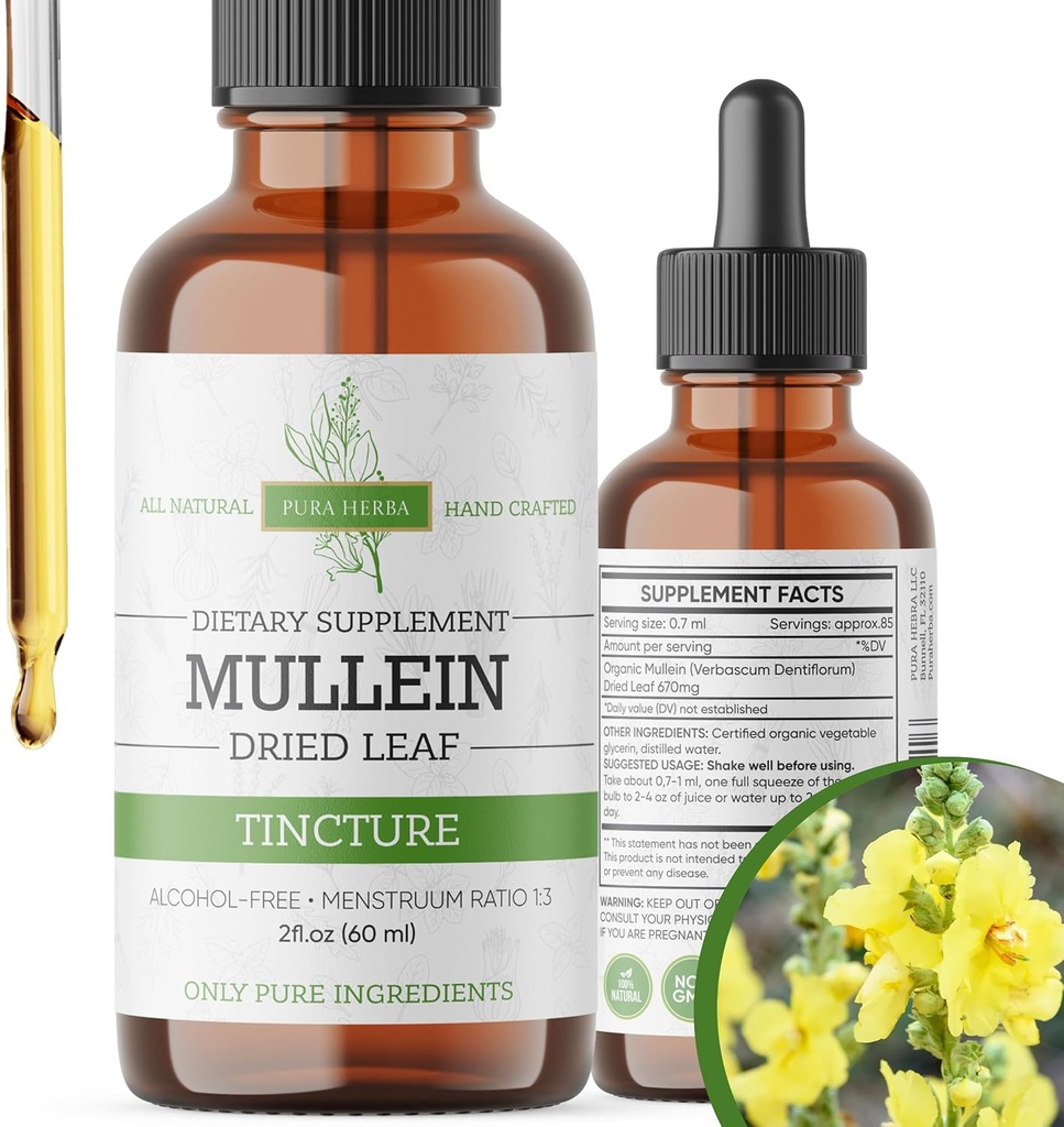 Mullein Tinktur – organiske Mullein-dråper for lungestøtte og pustende velvære – laget i USA – 2 Fl Oz