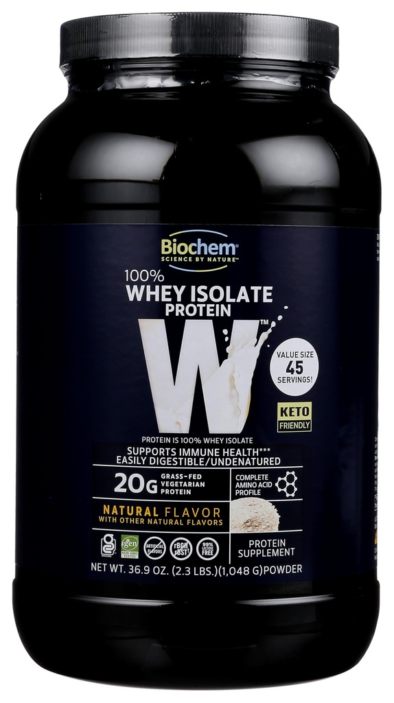 Biochem 100% Whey Isolate Protein - Naturlig Flavor - 20g Protein - Pre & Post Workout - Måltidsutskifting - Keto-Friendly - Lett Digestible - Silky Smooth Smak - Enkel å blande (36,9 oz)