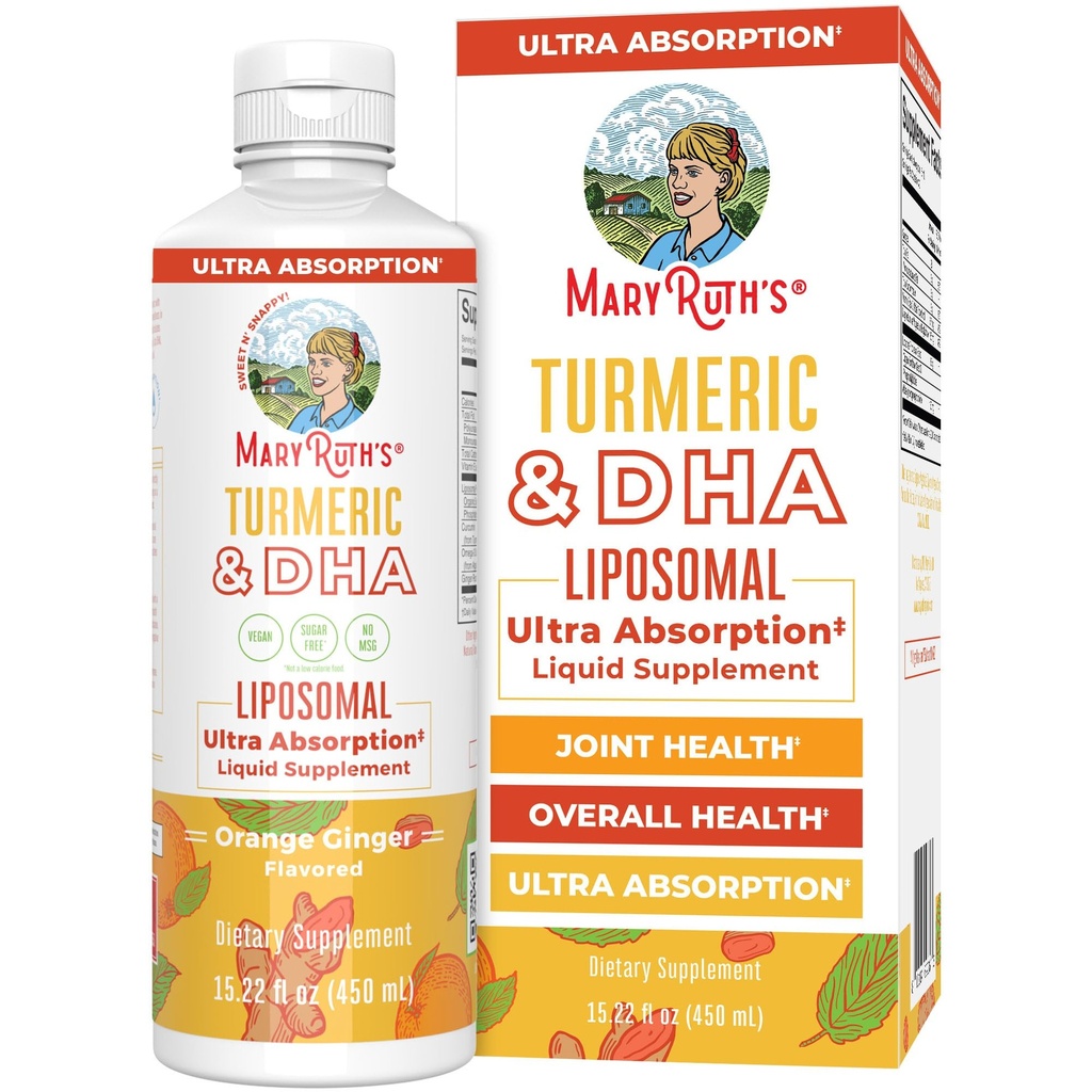 MaryRuth Organics | Liposomal Turmeric & DHA | Curcumin | Ginger Root Oil | Algal DHA & Vitamin E | Kognitiv funksjon | Mood Support | Joint Health | Flytende Supplement | 15,22 oz