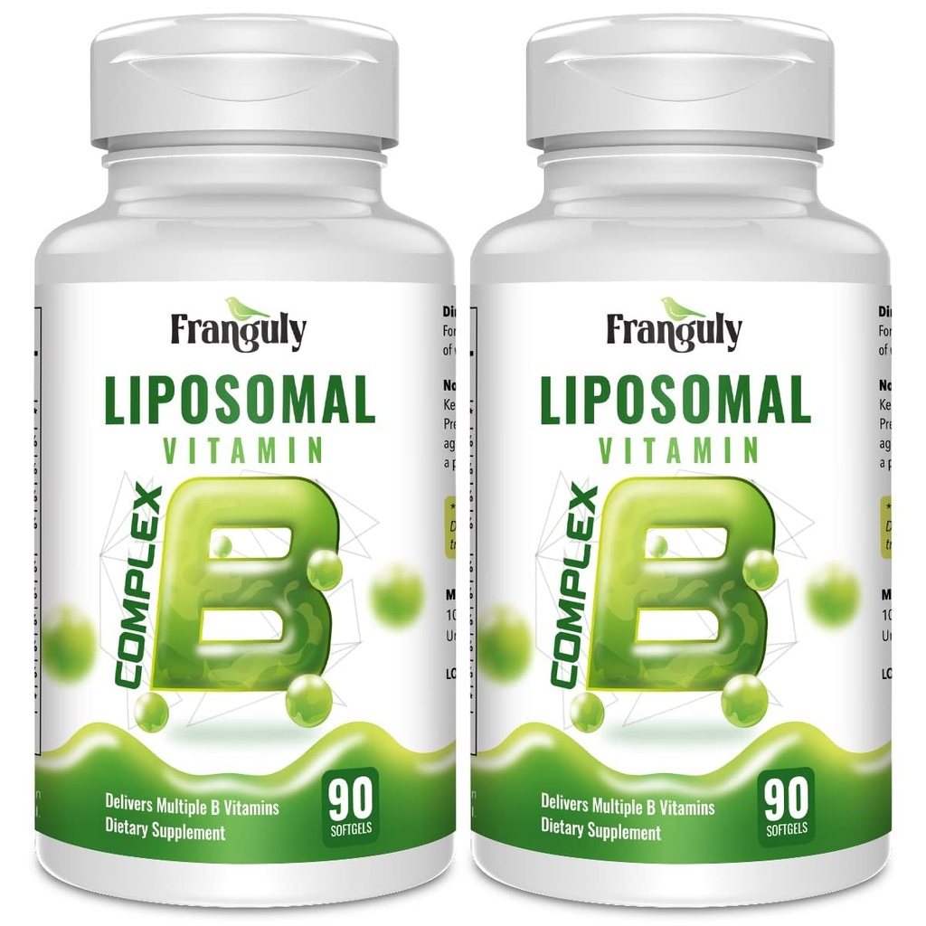 Liposomal B-kompleks designet for høy absorpsjons B-vitaminer med Choline Inositol B1, B2, B3, B5, B6, Biotin, Folat, metylert B12- Immun, Energi, Hjerne og hjerte støtte 180 Softgels