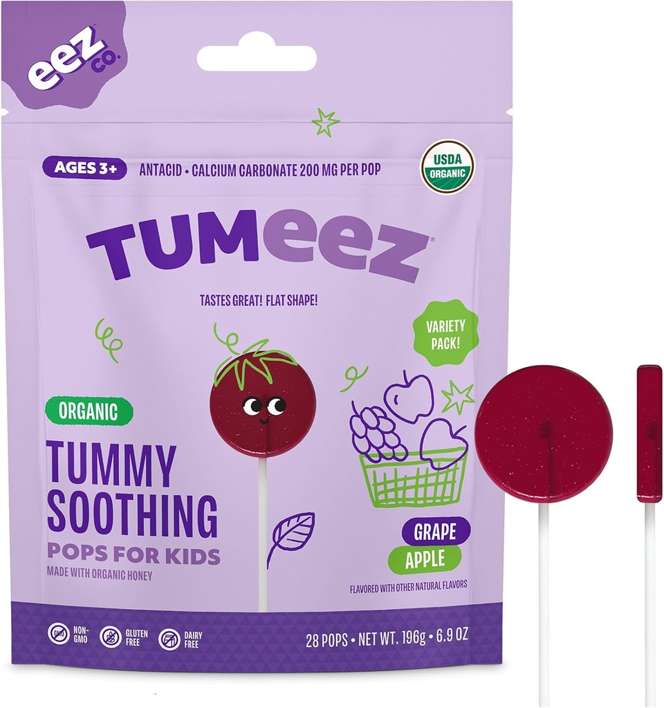 Tumeez Organic Lollipops for Upset Mage Relief, Variety Pack Perfekt for Indigestion, Heartburn og mer Mens Tastige Great, Grape & Apple Flavors, 28 greve