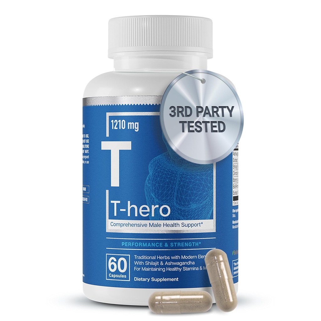 Viktige elementer T-Hero - daglig testosteron støtte for menn - fremmer vitalitet og kjøring - med Ashwagandha, Shilajit, Boron, DIM - 60 greve - 30 Services