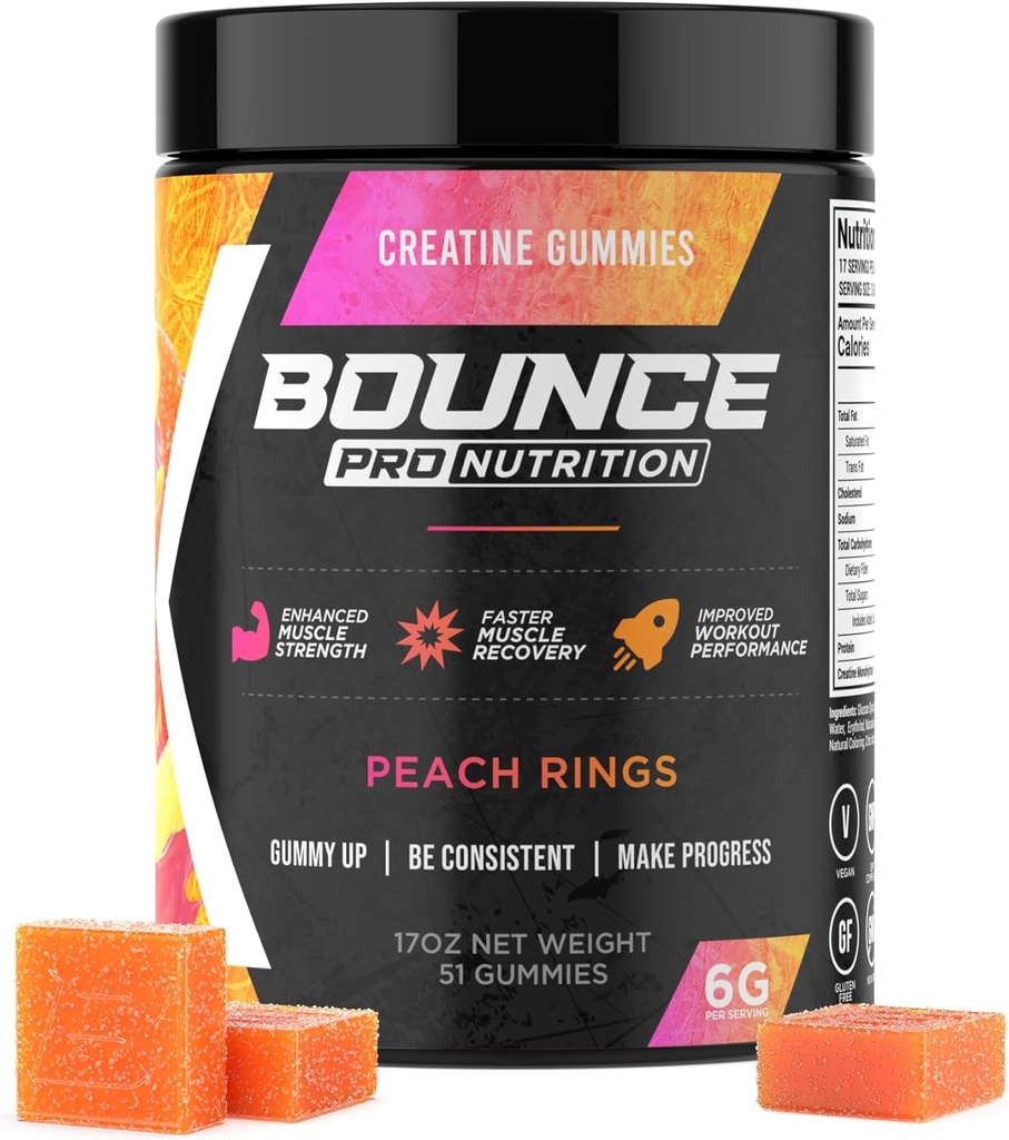 Bounce Pro Creatine Monohydrat Gummier for menn og kvinner, Lav kalori, 6G kreatin per servering, Vegan, Anti-Melting, Glutenfri, Ikke-GMO, 2g Creatine per Gummy (51ct, Peach Rings)